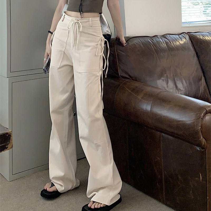 Design sense lace-up high-waisted work pants for women, 2022 new autumn loose straight-leg slimming wide-leg casual pants Design sense lace-up high-waisted work pants for women, 2022 new autumn loose straight-leg slimming wide-leg casual pants